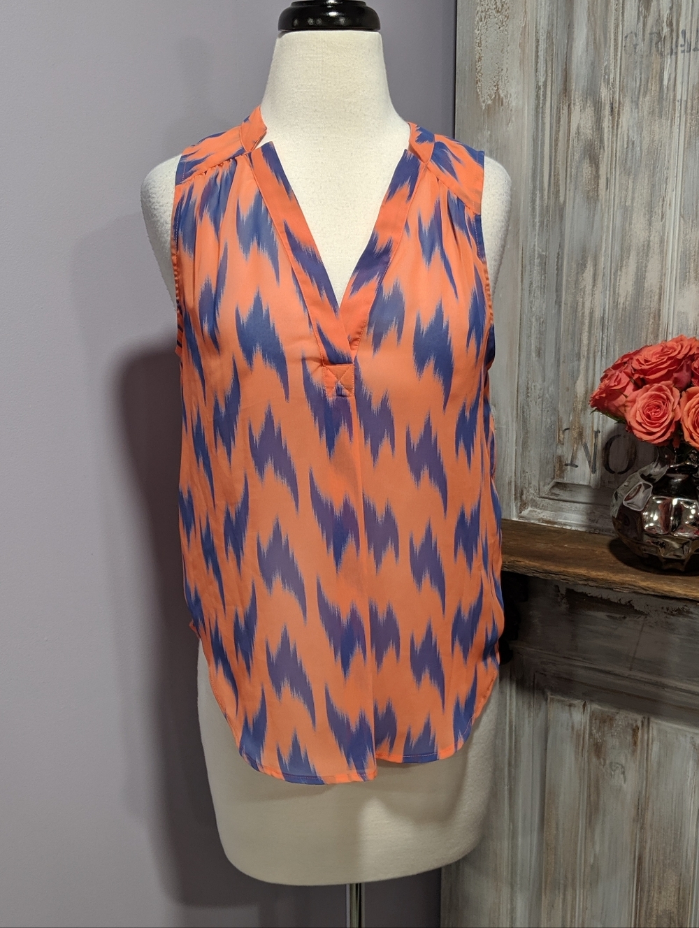 NWOT Pixley Orange And Blue V-Neck Sleeveless Blouse